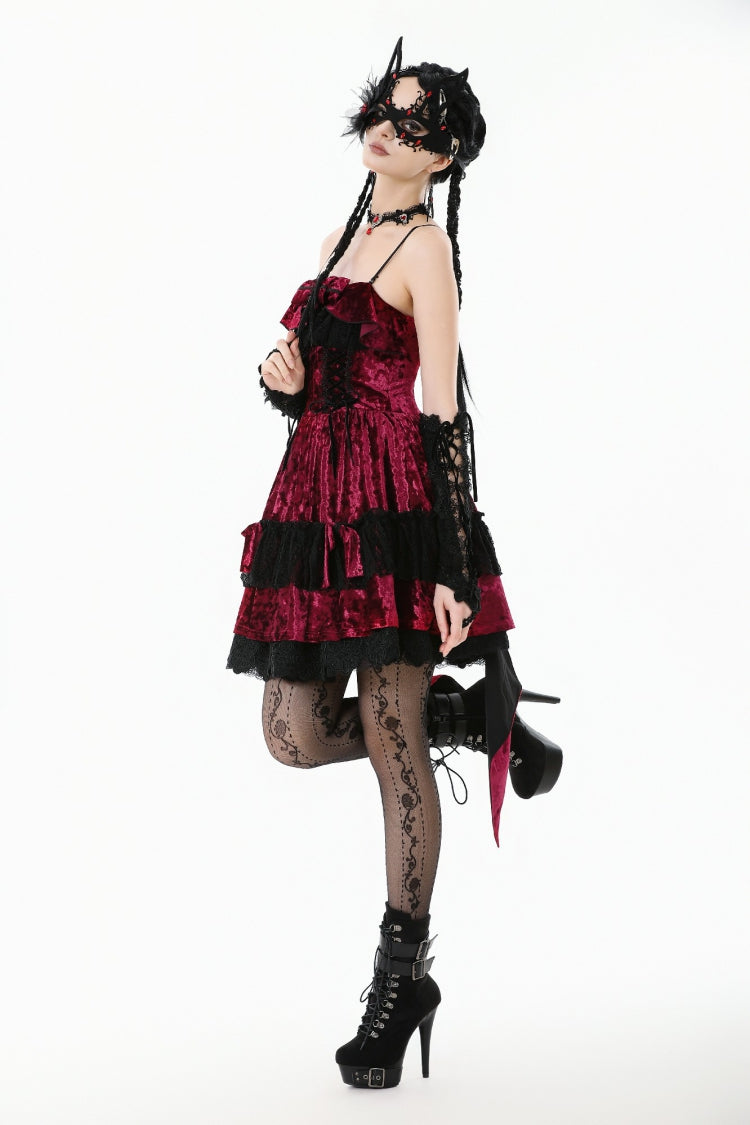 Maroon Corset Velvet Pointed-Tail Gothic Cami Mini Dress