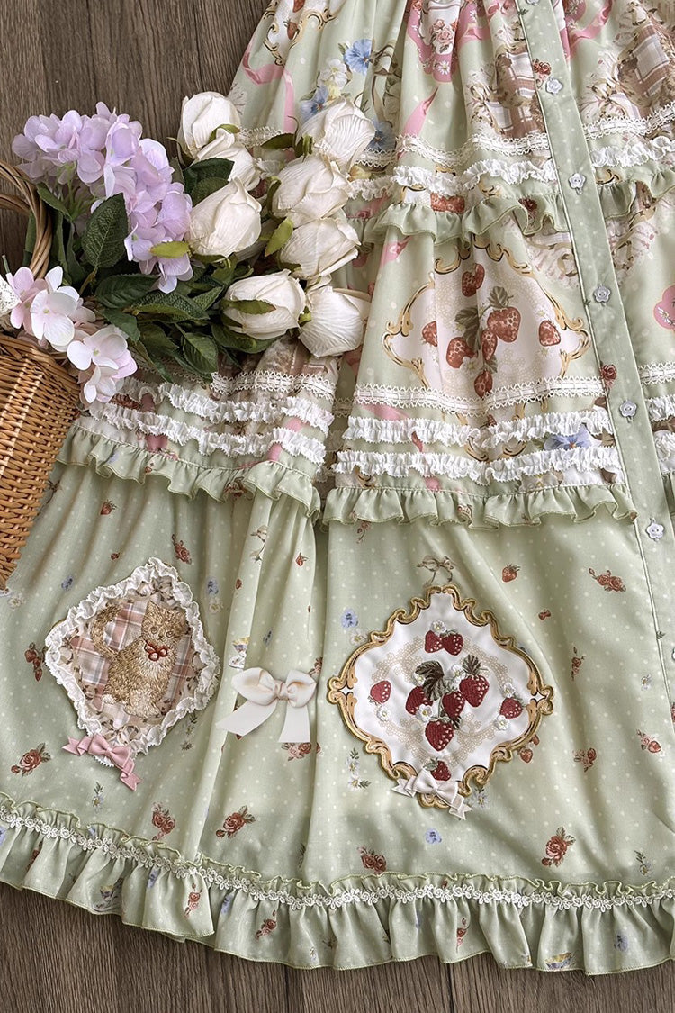 Emerald Cat Rose Tea Printed Ruffle Sweet Gorgeous Lolita Skirt