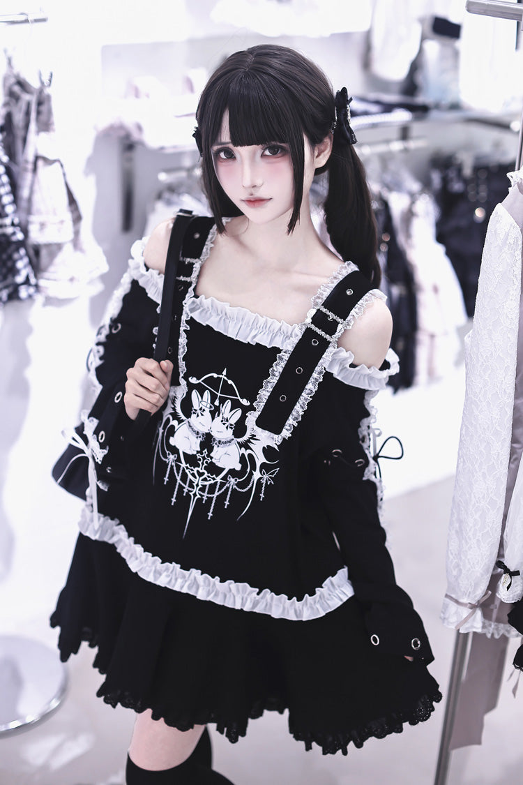 Off-Shoulder Ruffled Embroidered Punk Jirai Kei Dress - Bandage Bunny