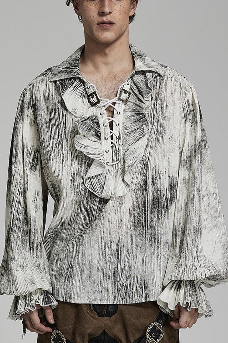Gothic Men's Blouse with Lantern Sleeves and Ruffled V-Neck - Two Tones