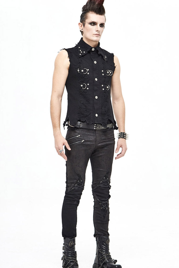 Distressed Mesh-Trimmed Punk Waistcoat with Raw Hem - Noir