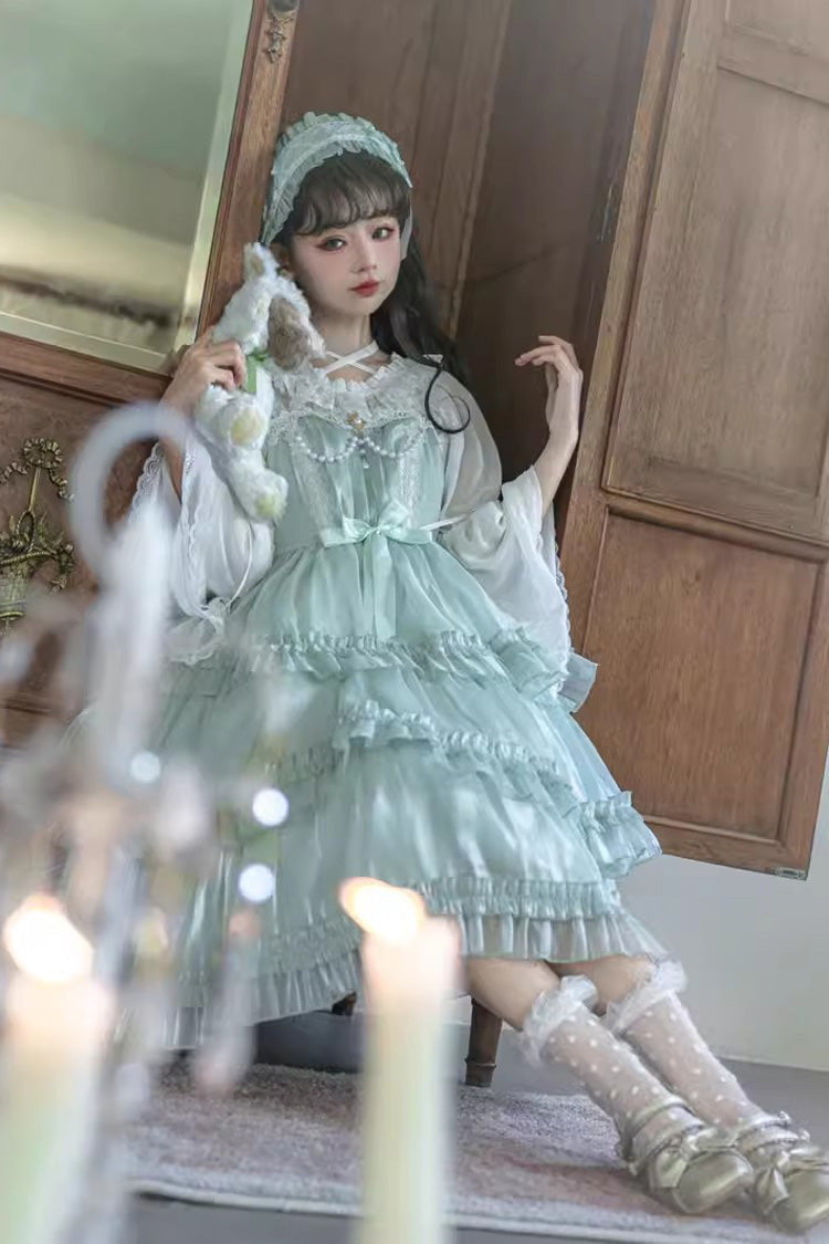 Emerald Starry Gauze Love Song Triple Ruffle Bow Sweet Lolita Tiered JSK Dress