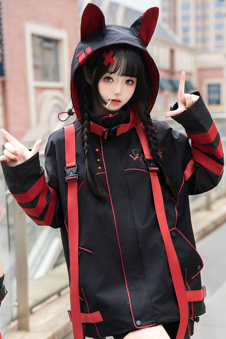 Crimson & Noir Long Sleeve Print Cat Ear Hooded Jirai Kei Stylish Coat