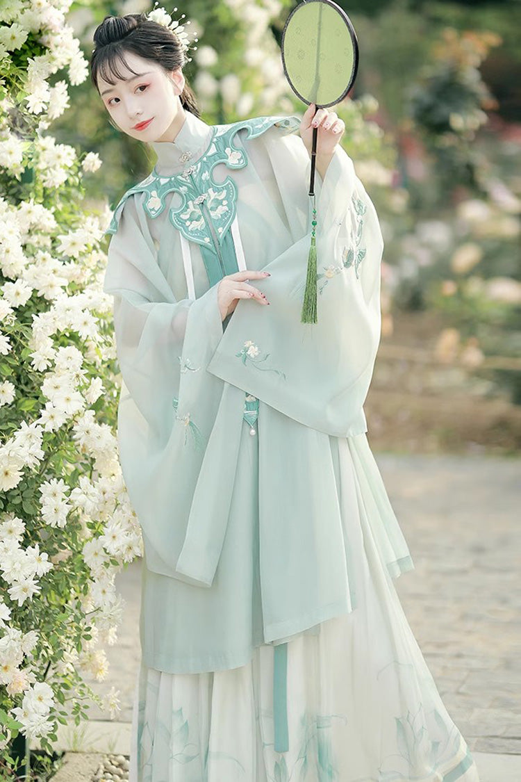 Emerald Embroidered Mandarin Collar Hanfu Ensemble with Full Coverage