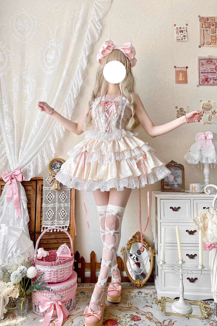 Sweet Lolita Jsk Skirt Set with Ballet Style Fishbone Lace Ruffle Bowknot in 2 Colors