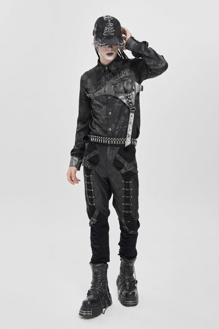 Punk Asymmetric Blouse with Print Stitching and Bullet Detail, Long Sleeve