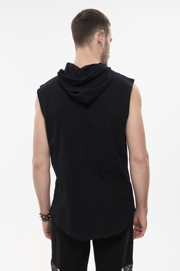 Men's Punk Sleeveless Hooded Tank Top in Irregular Black Knit Design