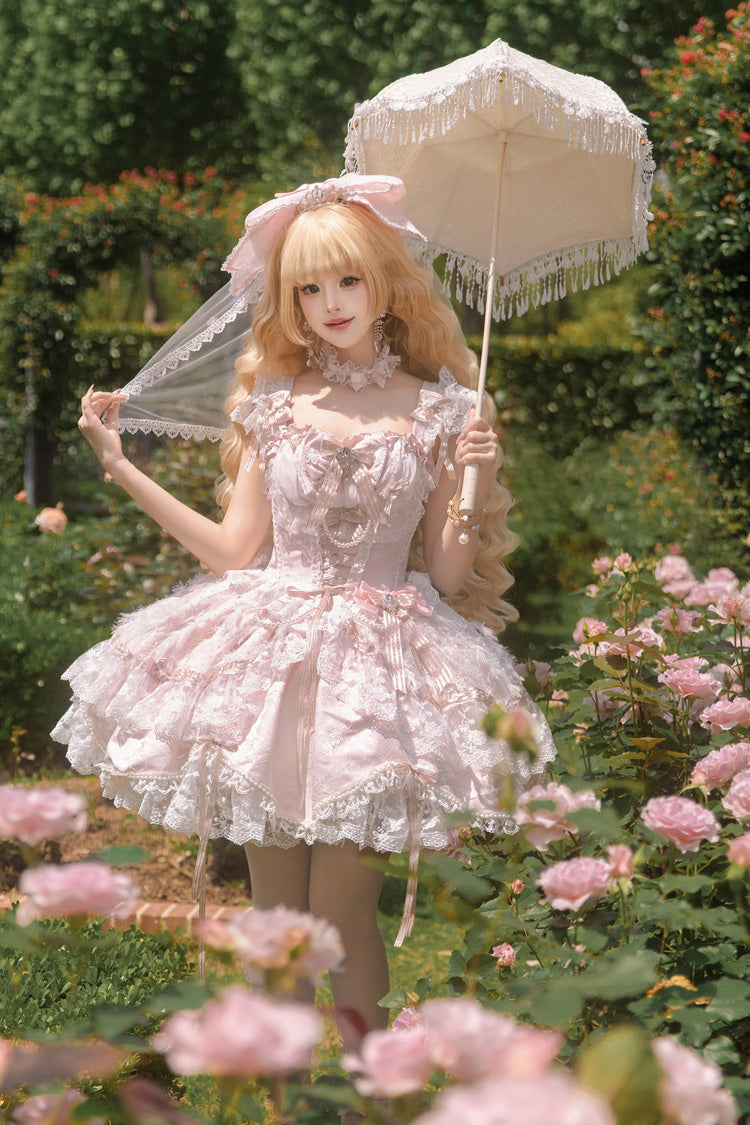 Anna's Ball Square Collar Hanayome Bow Lace JSK, Sweet Princess Ballet Ruffled