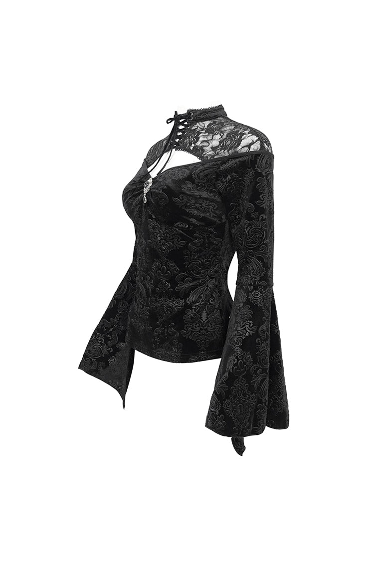 Gothic Shirt with Cutout Round Collar Flared Sleeves and Embossed Floral