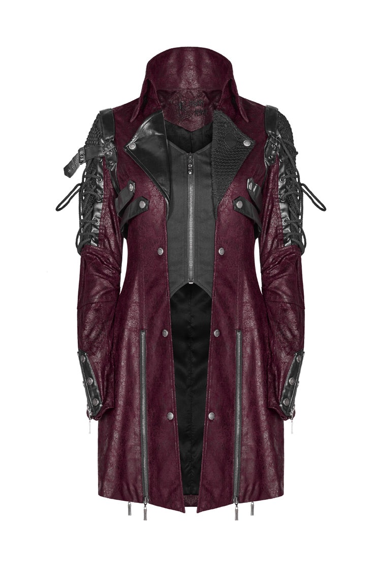 Crimson Steampunk Windbreaker with Metal Buckles and Zipper