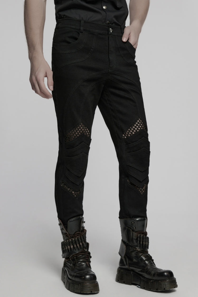 Charcoal Mesh-Stitched Punk Trousers for Men