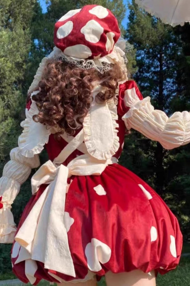 Crimson Sweet Lolita JSK with Mushroom Print and Bow Details