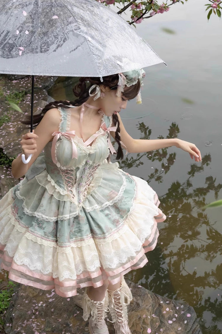 Emerald Waltz Multi-Layer Print Ruffle Bow Sweet Chinese Elegant Lolita Jumper
