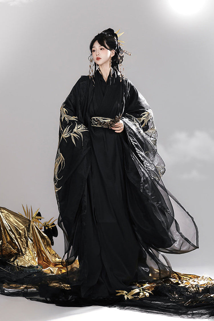 V-Neck Trumpet Sleeve High-Waisted Hanfu Dress Set - Bamboo Leaves