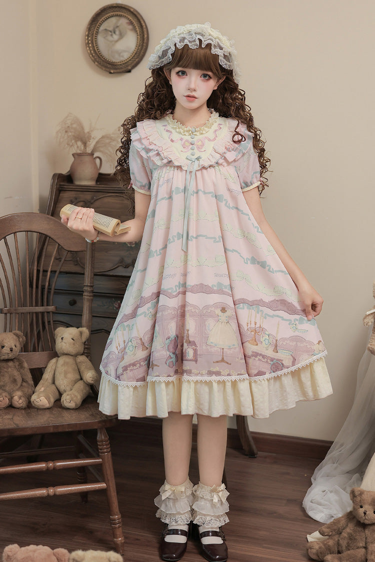 Rose Bear Print Bow Sweet Lolita Dress Set with Ruffled Short Sleeves