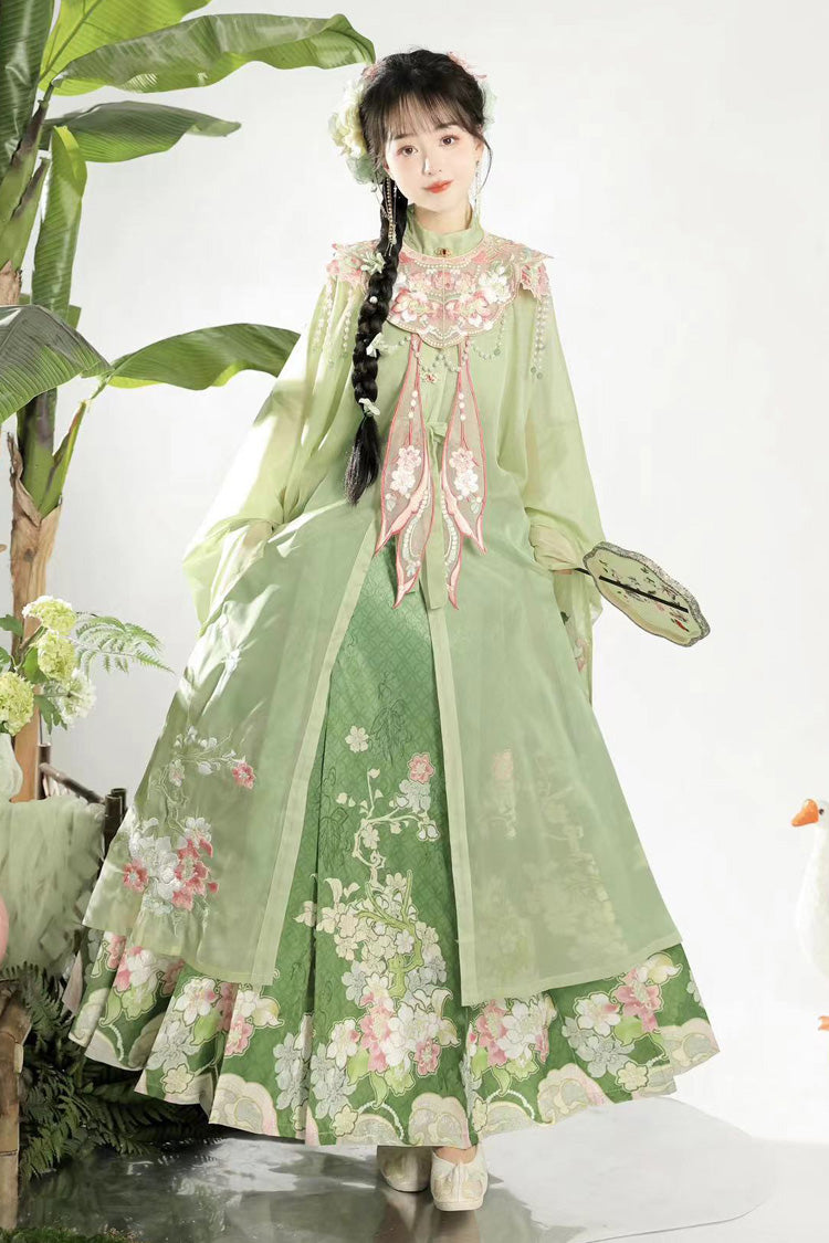 Emerald Stand Collar Long Sleeve Ming Style Embroidered Cloud Shoulder Sweet Hanfu Horse Face Gown Set