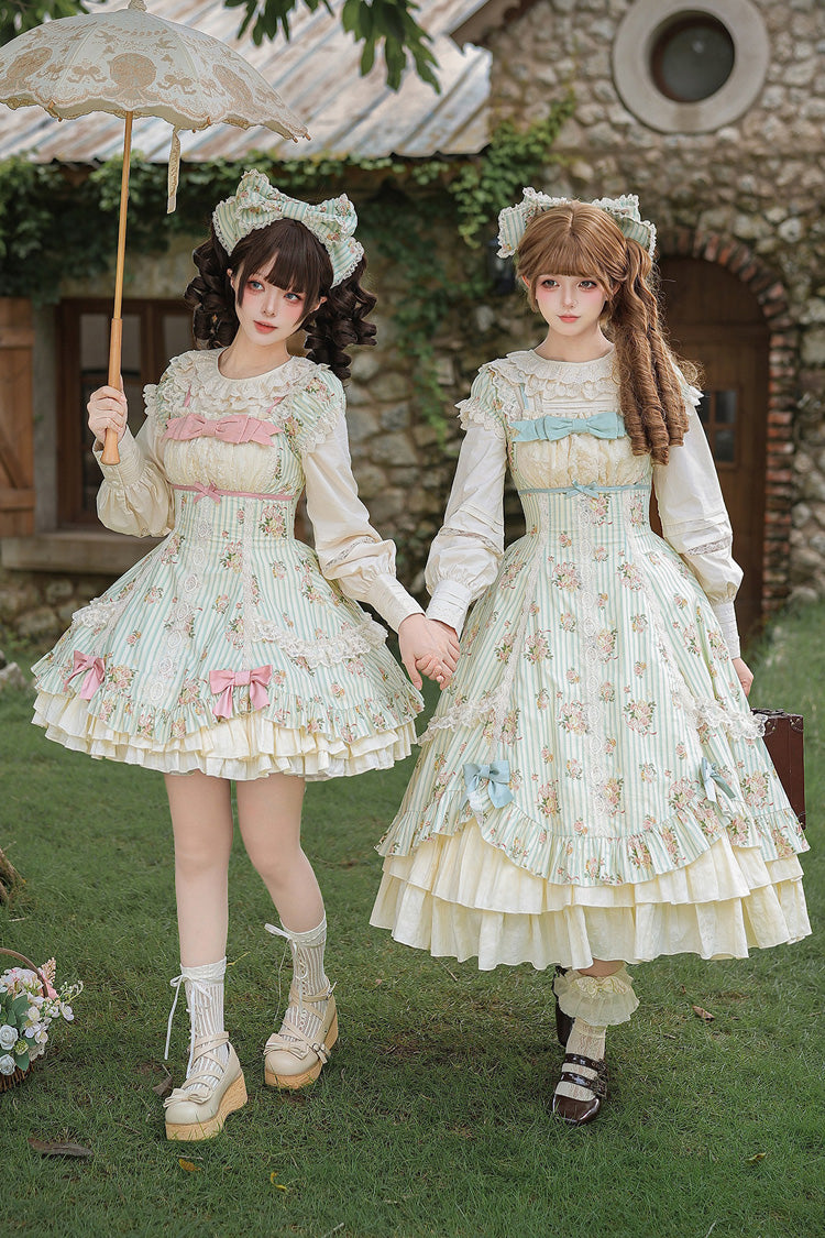 Emerald An Encounter with Austin Square Collar Short Sleeve Multi Rose Printed Ruffled Bow Lace Sweet Lolita Gown