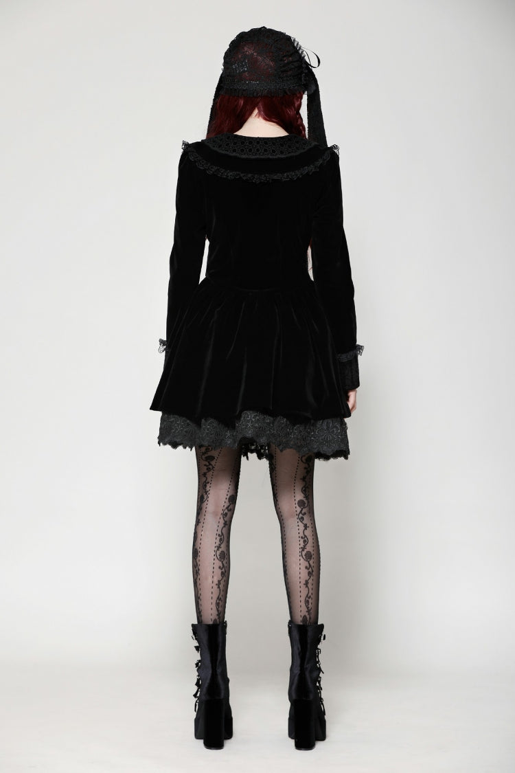 Gothic Velvet Short Dress with Lace Trim and Extended Sleeves