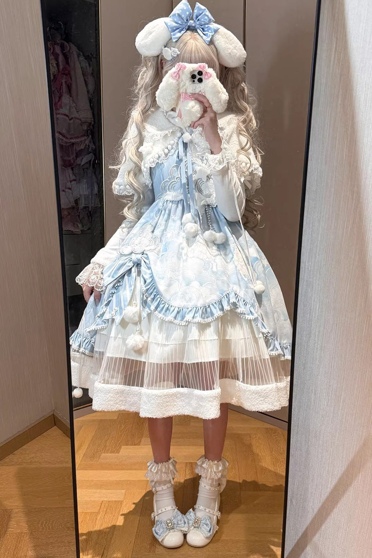 Asymmetric Embroidered Bow Lace Elegant Cut-Out JSK Ensemble - Cloud Dreamland