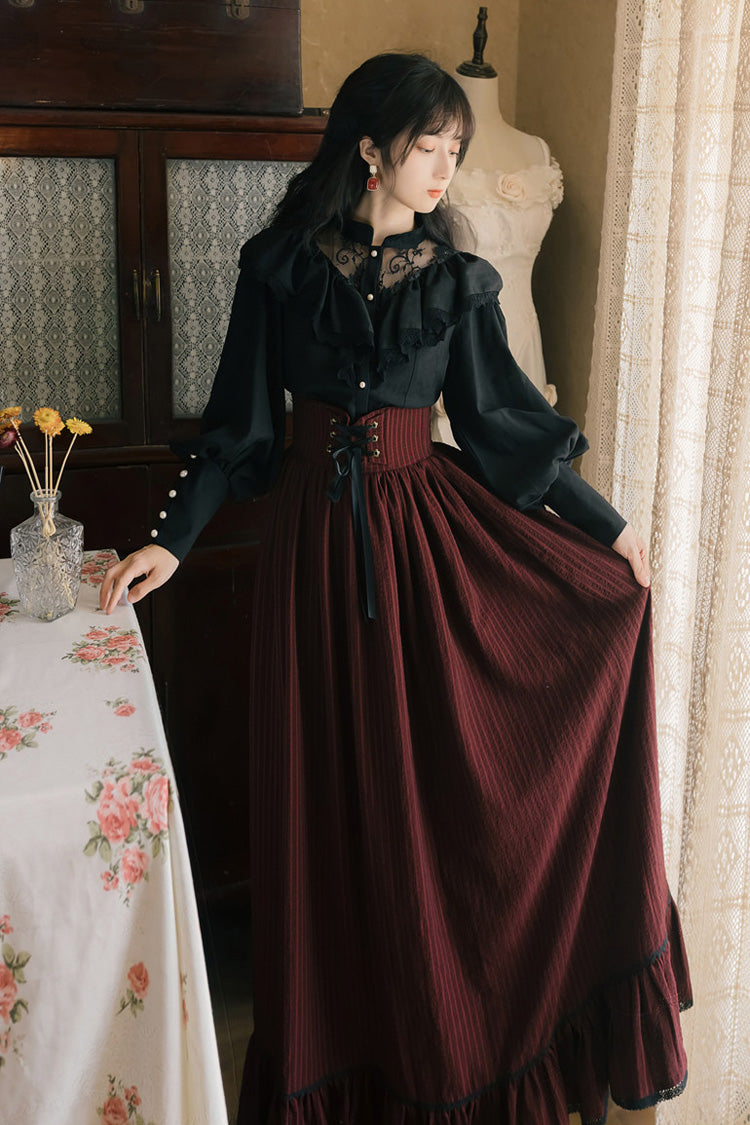 Crimson Noir High-Waist Lace Print Vintage Lolita Skirt Set with Long Sleeves