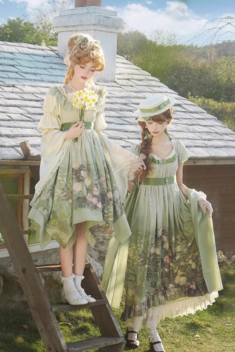 Emerald Blooming Roses Oil Painting Chiffon Ruffle Bow Irregular Sweet Lolita Jumper