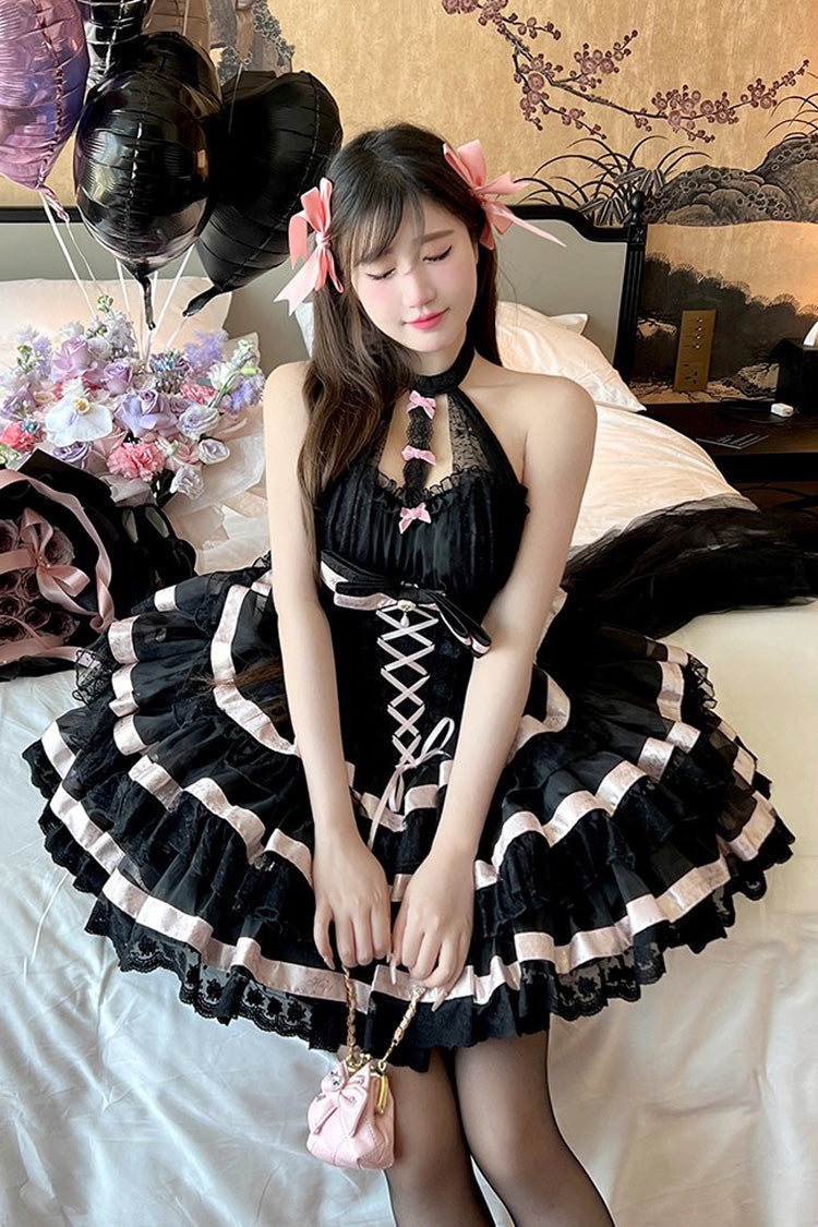 Halterneck Triple-Layered Ruffle Bow Sweet Lolita Dress - Ballet Dream