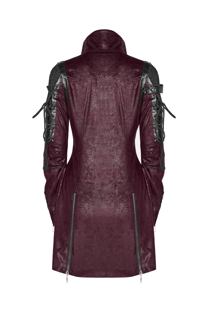 Crimson Steampunk Windbreaker with Metal Buckles and Zipper