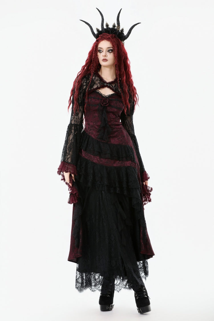 Crimson Noir Flared Lace Puff-Sleeve Women's Gothic Cape