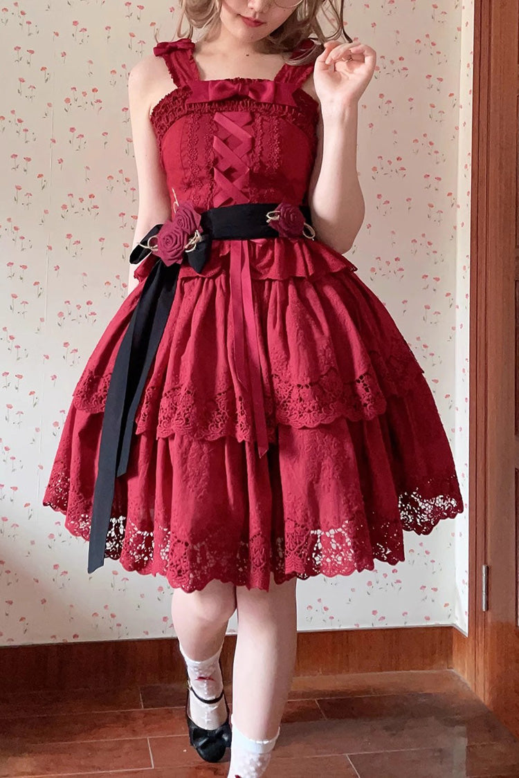 Burgundy Forest Waltz Embroidery Bow Lace-Up Slim Sweet Elegant Lolita Suspender Top