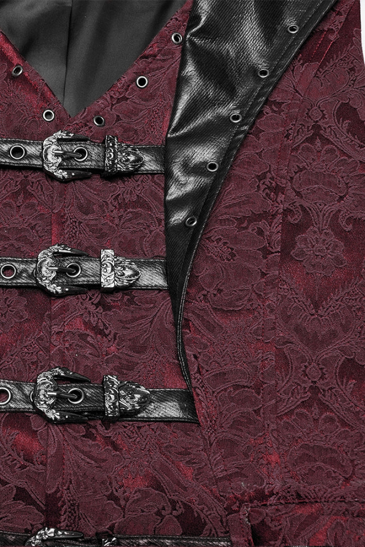 Crimson Noir Sleeveless V-Neck Buckle Jacquard Gothic Vest for Men