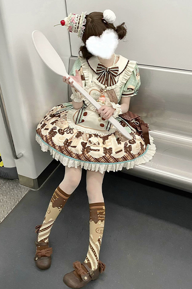 Sweet Lolita Dress with Chocolate Cake Bear Print and Lace-Up