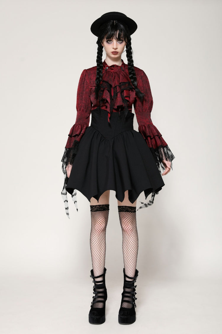 Crimson Gothic Blouse with Frilly Lace and Long Hime Sleeves