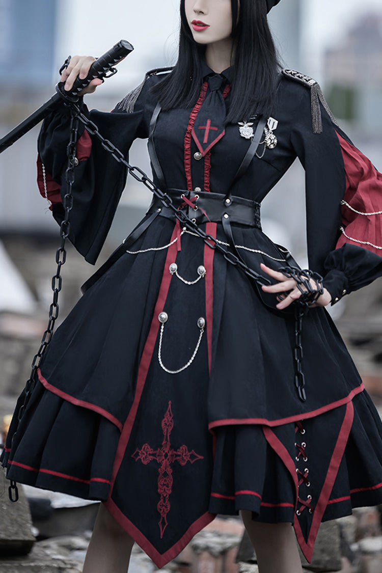 Crimson & Noir Long Sleeve Punisher Military Asymmetric Gothic Lolita Full Set