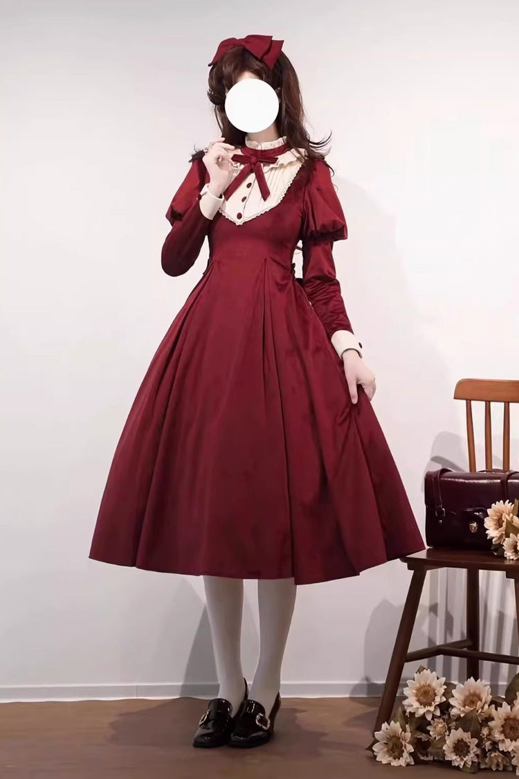 Burgundy High Collar Long Sleeve Ruffled Bow Classic Lolita Gown