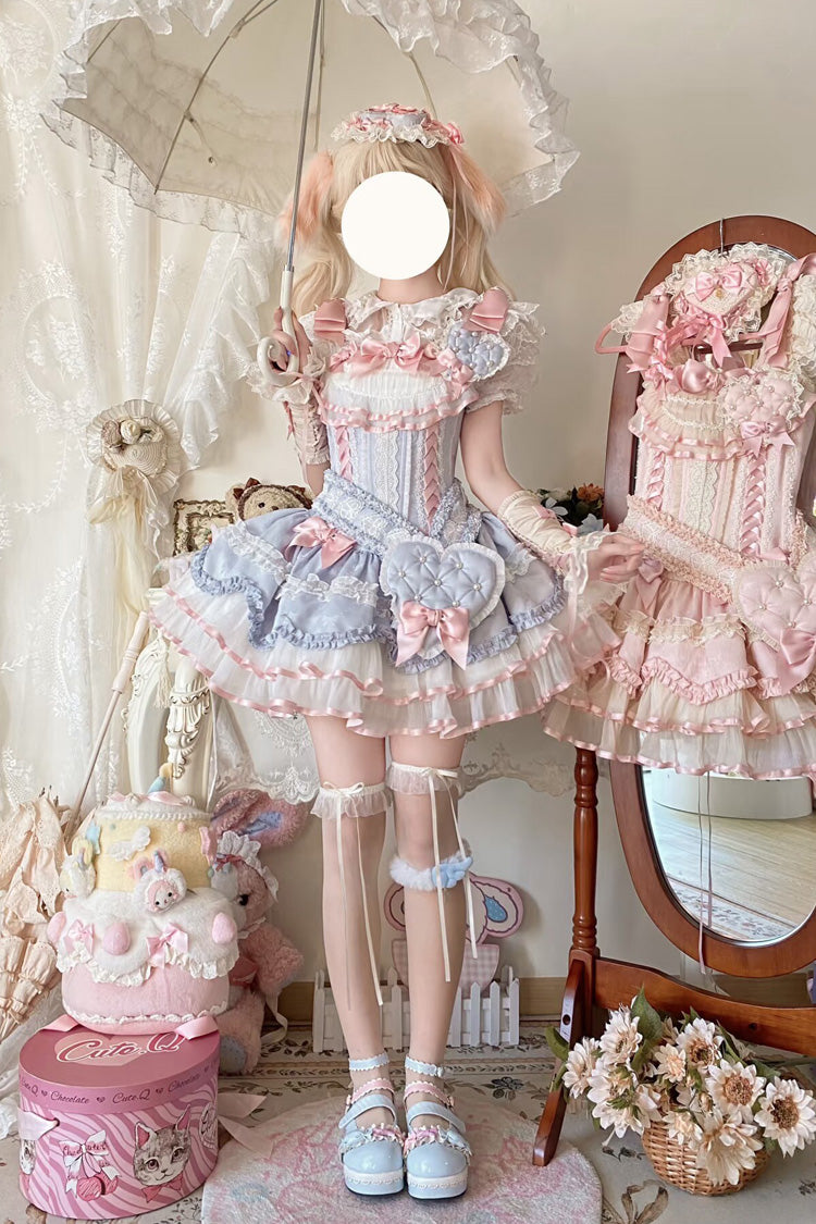 Azure Triple Ruffled Bow Lace-Up Slim Ballet Sweet Lolita Outfit