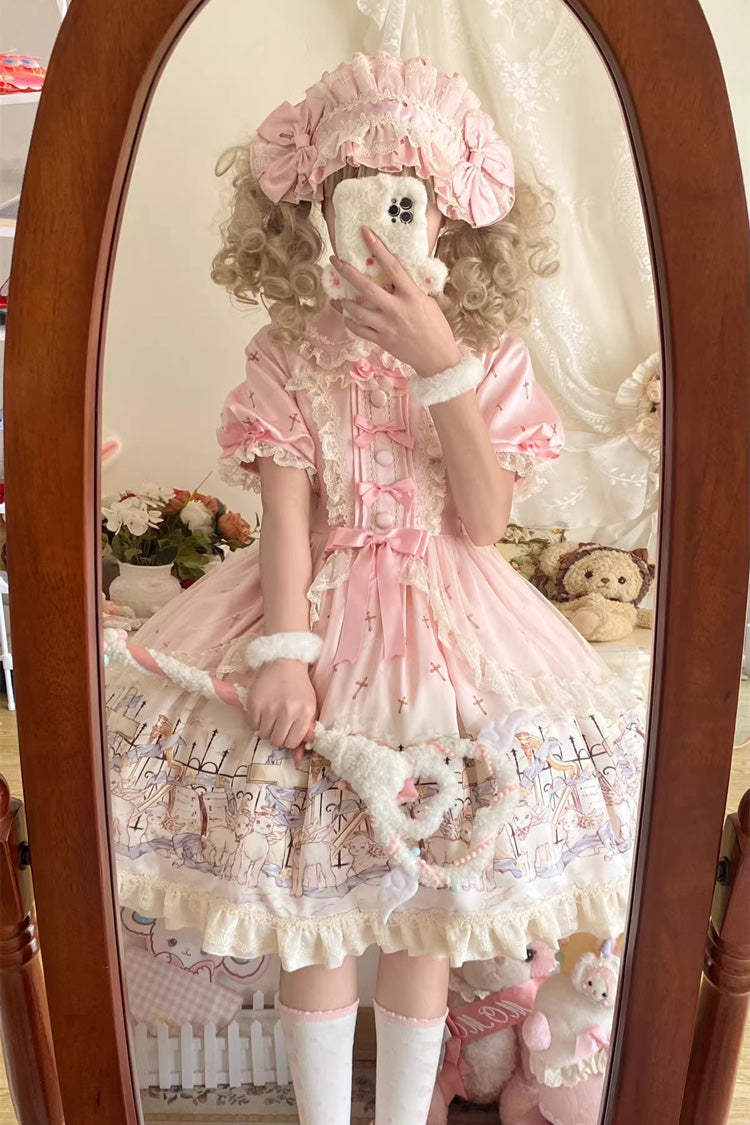 Angel Lamb Lapel Collar Short Sleeves Printed Ruffled Bow, Sweet Lolita Dress