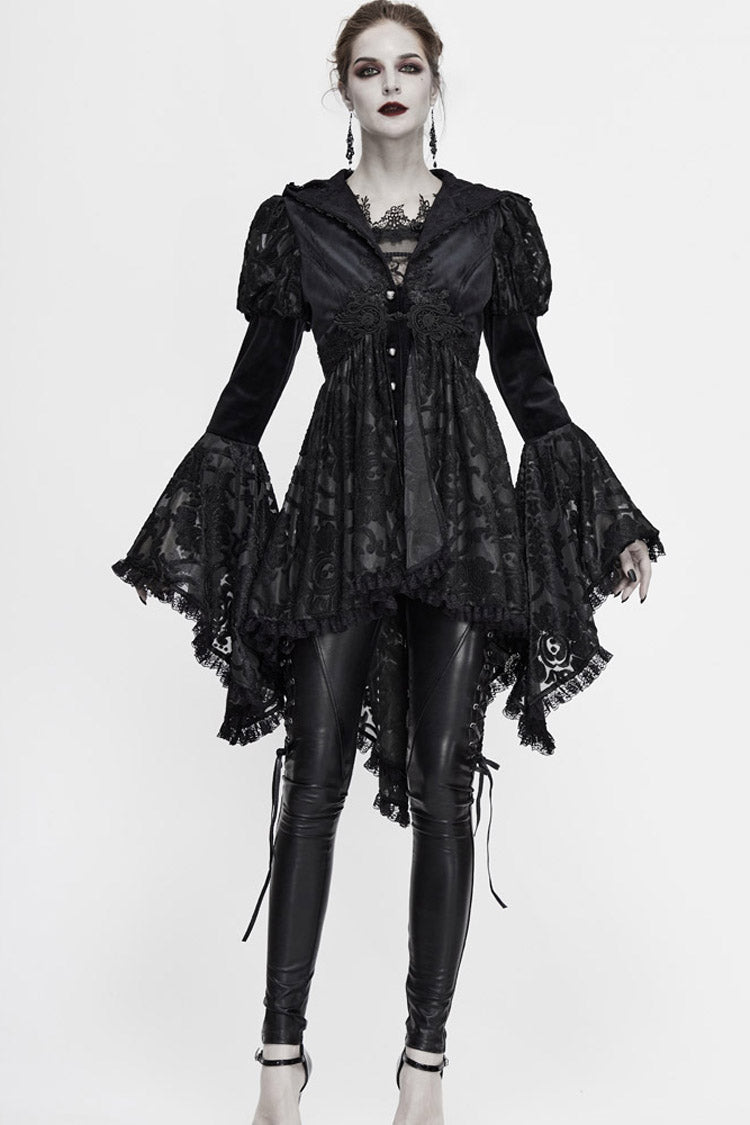 Gothic Velvet Hooded Coat with Metal Buttons, Lace Cuffs & Chest Decals