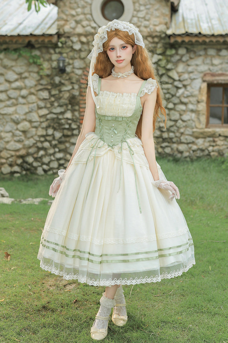 Emerald Square Neck Ruffled Lace Bow Accent Sweet Lolita JSK in Two Styles