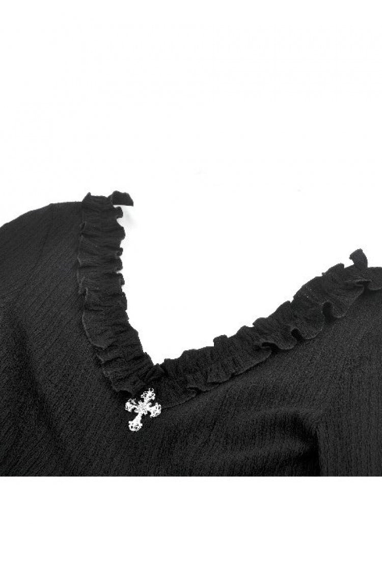 Women's Gothic Crop Top with Ruffled V-Neck, Split Trumpet Sleeves and Streamer