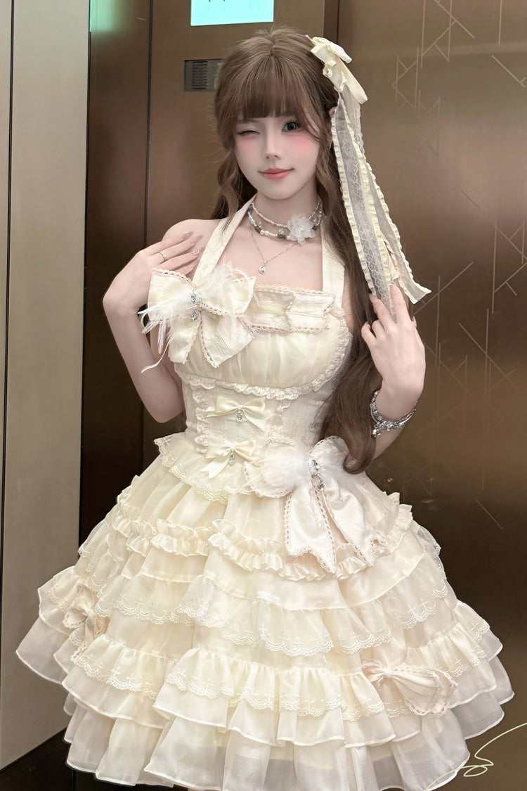 Swan Overture Halterneck Sleeveless Multi-Layered Ruffle Bowknot Lace Sweet Lolita Dress