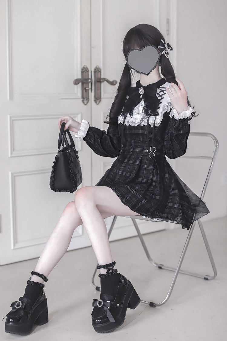 Plaid Print Ruffle Bow Sweet Jirai Kei Dress - Angel Heartbeat