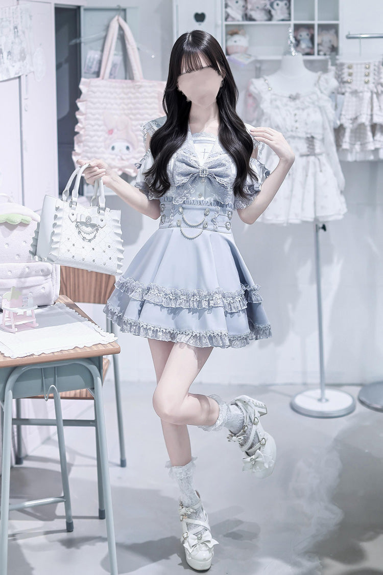 Apprentice Witch Off Shoulder Navy Collar Short Sleeves Ruffled Bow Lace Pearl Detail Classic Jirai Kei Japanese Skirt Set