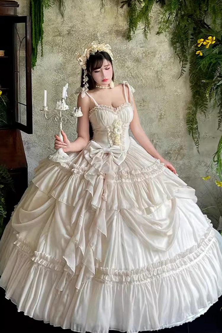 Antique Bride Sleeveless Multi-Layered Ruffled Bow Lace Sweet Elegant Gorgeous Full Skirt Lolita Jsk Dress