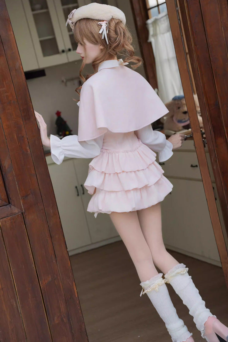 Cherry Blossom Snow Lapel Long-Sleeve Triple Ruffle Bow Faux Two-Piece Lolita Dress