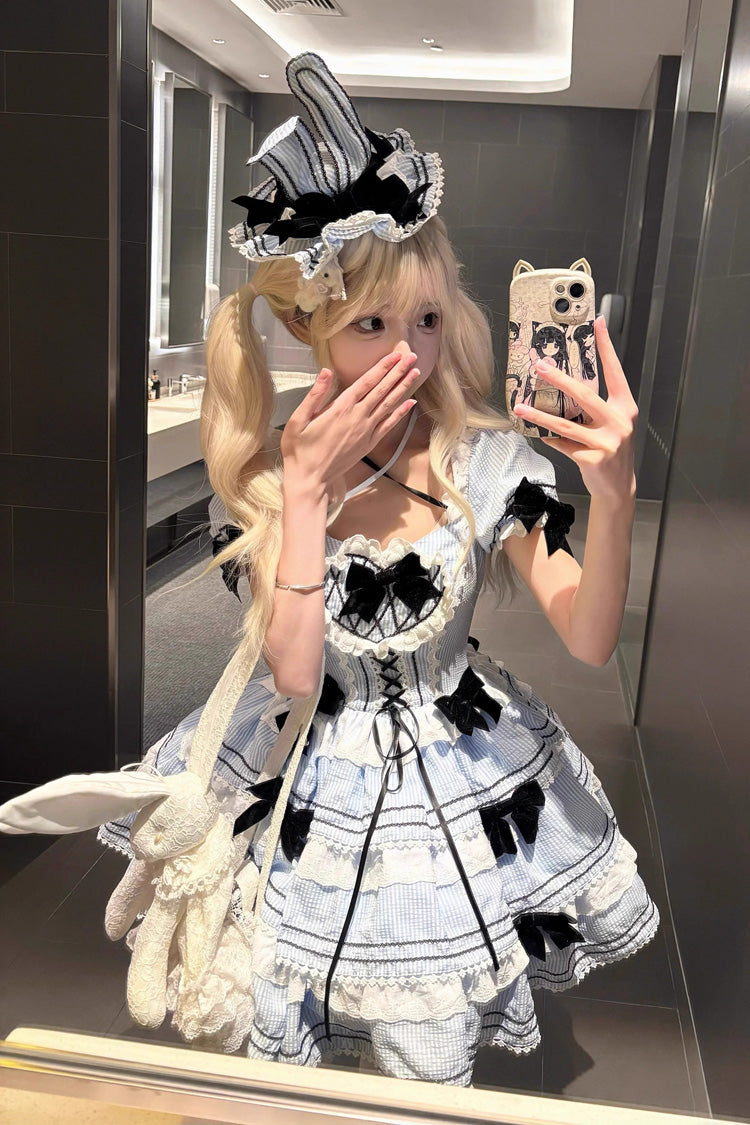 Sweet Lolita JSK with Striped Ruffle Bowknot and Lace-Up Front