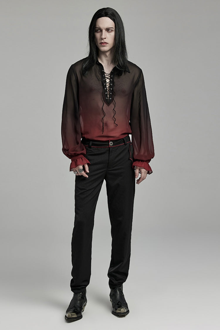 Crimson Noir Sheer Gradient Long-Sleeve Men's Gothic Blouse