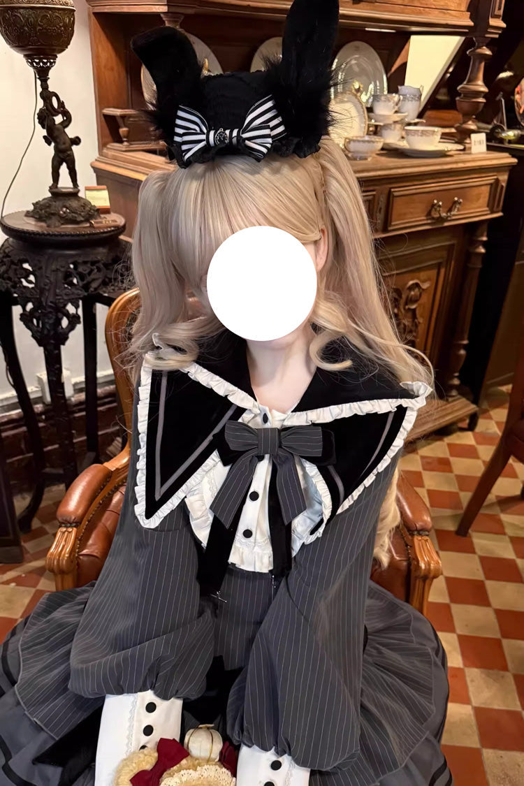 Navy Collar Long Sleeve Ruffle Gothic Dress - Bizarre Rabbit Opera