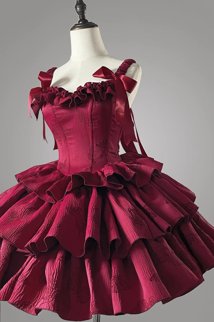 Burgundy Sleeveless Layered Ruffle Bow Boned Gothic Lolita JSK Dress