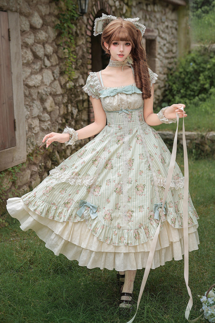 Emerald An Encounter with Austin Square Collar Short Sleeve Multi Rose Printed Ruffled Bow Lace Sweet Lolita Gown