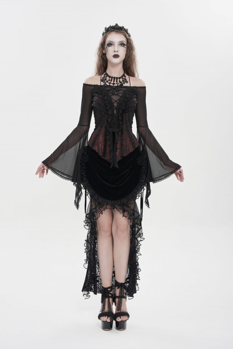 Crimson & Noir Off-Shoulder Long Bell Sleeve Ruffled Embroidered Lace-Up Gothic Blouse